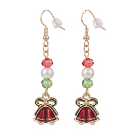 Enamel Christmas Bell with Glass Pearl Dangle Earrings, Gold Plated Brass Jewelry for Women