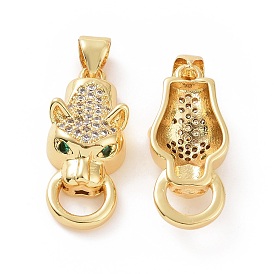 Brass Micro Pave Cubic Zirconia Pendants, Leopard Head with Ring Charm