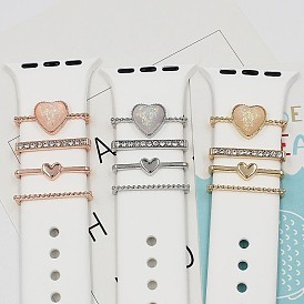 Heart Resin Alloy Watch Band Charms Set, Rectangle Rhinestones Watch Band Decorative Ring Loops