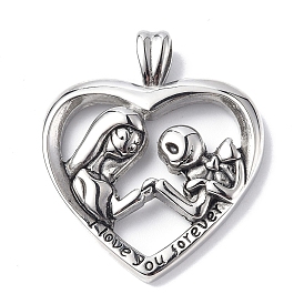 304 Stainless Steel Pendants, Heart with Lovers & Word I Love You Forever Charm