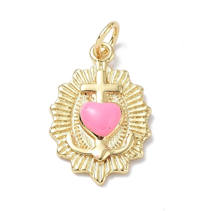 Eco-Friendly Rack Plating Brass Enamel Pendants, Real 18K Gold Plated, with Jump Ring, Sacred Heart of Jesus Charm