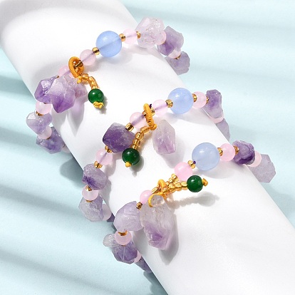 Raw Rough Natural Amethyst Nuggets Charm Beaded Stretch Bracelets for Women, with Plastic Beads
