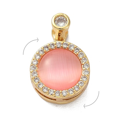 Brass Micro Pave Clear Cubic Zirconia Pendants, Rotatable, with Synthetic Cat Eye, Flat Round