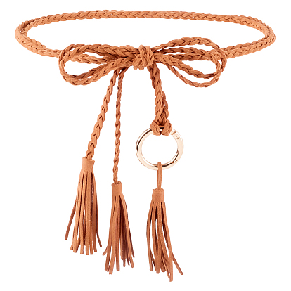 Ремни ручной работы из искусственной кожи, сплетенные из веревки., Тонкие ремни с кисточками и узлами на талии, украшенные кольцами из сплава золотистого цвета.