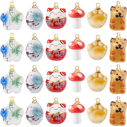 24шт 6 стили фарфоровые подвески, разнообразные, с фурнитурой позолоченной латунной