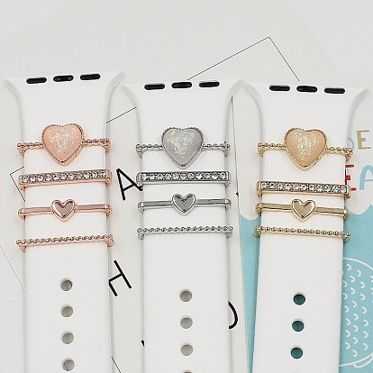 Conjunto de dijes de correa de reloj de aleación de resina de corazón, rectángulo pedrería reloj banda anillo decorativo bucles