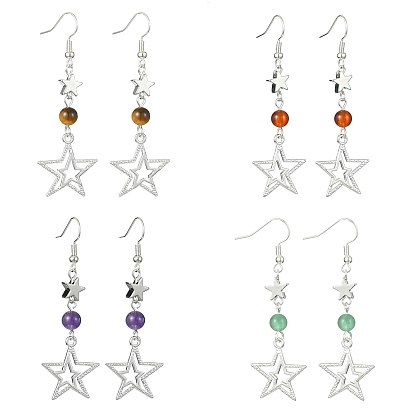 4 Pairs 4 Style Natural Mixed Gemstones Dangle Earrings, Hollow Star Tibetan Style Alloy Long Drop Earrings