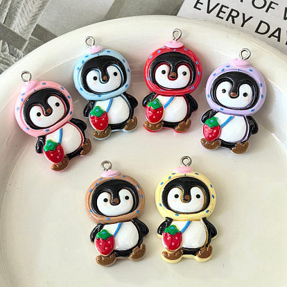 Непрозрачные подвески смолы, клубничный пингвин, с платиново-железными петлями