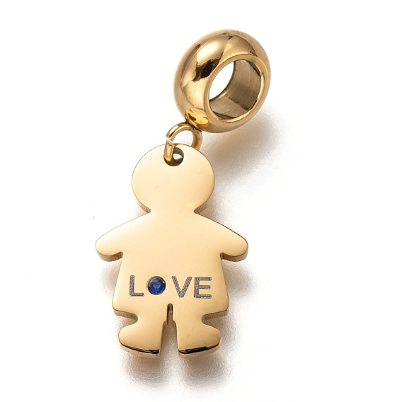 304 Stainless Steel European Dangle Charms, Large Hole Pendants, for Valentine's Day, with Sapphire Rhinestone, Boy & Word Love
