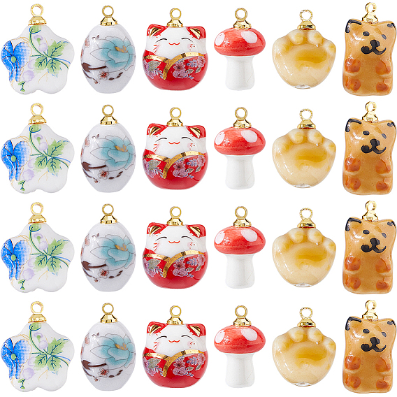 24шт 6 стили фарфоровые подвески, разнообразные, с фурнитурой позолоченной латунной