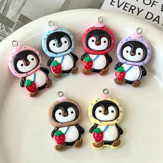 Непрозрачные подвески смолы, клубничный пингвин, с платиново-железными петлями