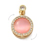 Brass Micro Pave Clear Cubic Zirconia Pendants, Rotatable, with Synthetic Cat Eye, Flat Round