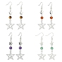4 Pairs 4 Style Natural Mixed Gemstones Dangle Earrings, Hollow Star Tibetan Style Alloy Long Drop Earrings