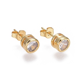 Brass Micro Pave Cubic Zirconia Stud Earrings, Flat Round, Golden