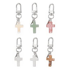 6Pcs Cross Gemstone Pendants Decoration, with Wing and Alloy Swivel Clasps Charm, for Keychain, Purse, Backpack Ornament