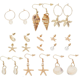 Conjuntos de pendientes colgantes de concha y caracola natural, Pendientes de aleación con forma de estrella de mar, concha y pluma, aro y colgante con alfileres de hierro para mujer