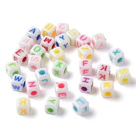 Opaque Acrylic Enamel Beads, Imitation Shell Effect, Cube with Letter