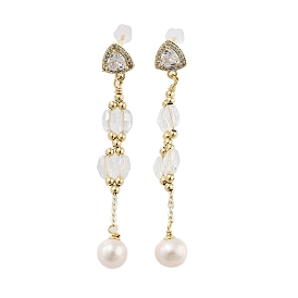 Natural Pearl Dangle Stud Earrings, with Brass Glass Findings and 925 Sterling Silver Pins, Round