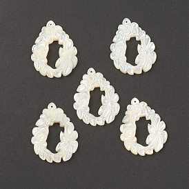 Natural White Shell Pendants, Teardrop with Flower Charms