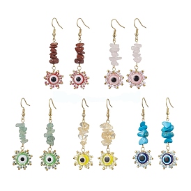 Evil Eye Gemstone Chip & Seed Beads Dangle Earrings, 304 Stainless Steel Jewelry for Women, Golden