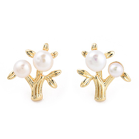 Natural Pearl Beaded Tree of Life Stud Earrings with 925 Sterling Silver Pins, Brass Jewelry for Women