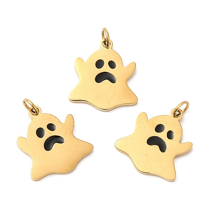 Halloween Ion Plating(IP) 304 Stainless Steel Charms, with Enamel and Jump Ring, Golden, Ghost Charm