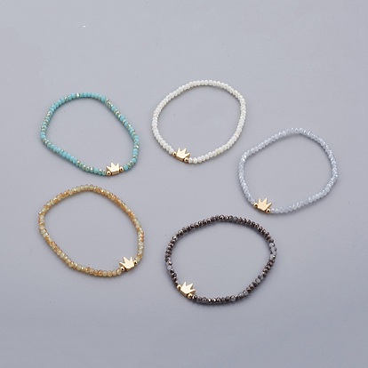 Perles de verre galvanoplastie étendent bracelets, avec des perles en laiton, couronne