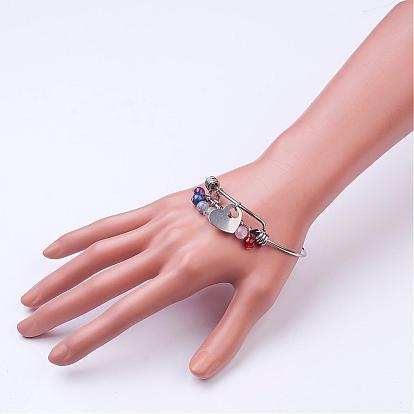 304 Stainless Steel Heart Charm Bangles, with Natural Gemstone Beads