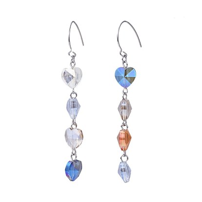 Electroplate Glass Dangle Earrings, with 304 Stainless Steel Hooks, Heart