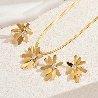 Подарок для женщин: ожерелья, серьги-гвоздики и кольца из нержавеющей стали с кубическим цирконием в виде цветка