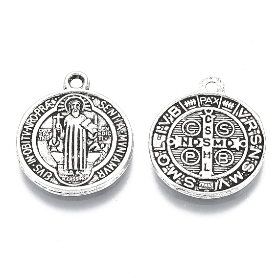 Pendentifs de style tibétain , Saint-Benoît médaille, sans cadmium et sans plomb, plat rond, 21x18x2mm, Trou: 1mm