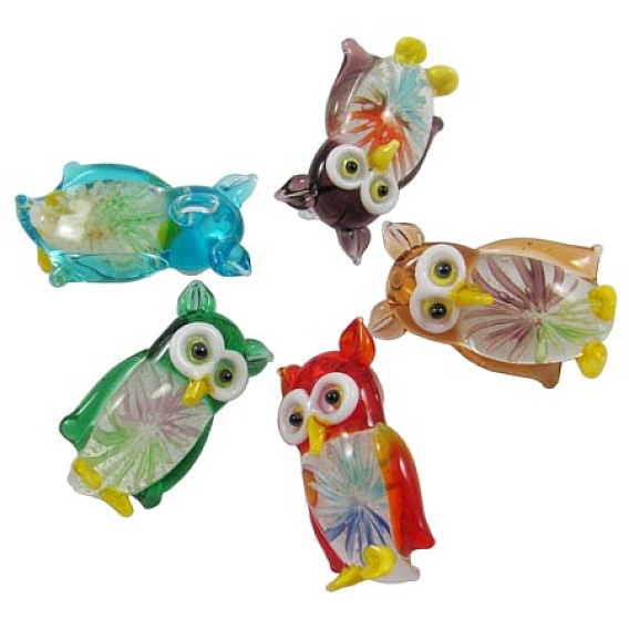 Handmade Lampwork Glass Pendants, with Inner Flower, for Halloween, Owl, 23x39mm, Hold: 5mm