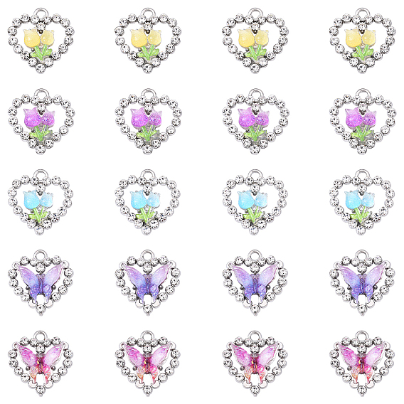 20шт 5 стили платиновый сплав стеклянные подвески, cmолой, сердце с цветком и бабочкой