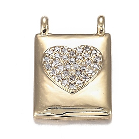 Brass Micro Clear Cubic Zirconia Pendants, Long-Lasting Plated, Rectangle with Heart