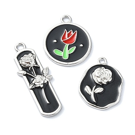 Rack Plating Alloy Enamel Pendants, Platinum, Oval/Flat Round/Rectangle with Flower Charm