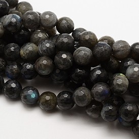 Natural Labradorite Round Bead Strands, Faceted, Grade AA
