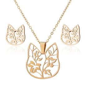 Stylish Stainless Steel Animal Cutout Cat Necklace with Flower and Leaf Set