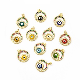 Rack Plating Brass Micro Pave Colorful Cubic Zirconia Pendants, with Handmade Evil Eye Lampwork, Cadmium Free & Lead Free, Long-Lasting Real 18K Gold Plated, Flat Round with Eye Charm