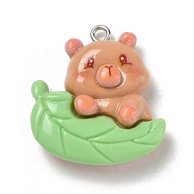 Opaque Resin Pendants, Animal with Leaf Charm, with Platinum Iron Eye Pin