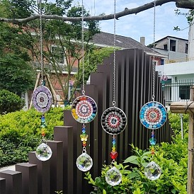 Glass Teardrop Pendant Decoration, Wind Chime, with Natural Gemstone Mandala Charm for Home Christmas Tree Decoration