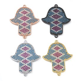 Rack Plating Brass Micro Pave Colorful Cubic Zirconia Religion Hamsa Hand Connector Charms, Long-Lasting Plated, Lead Free & Cadmium Free