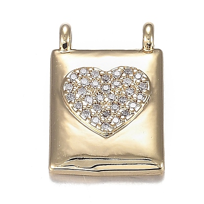 Brass Micro Clear Cubic Zirconia Pendants, Long-Lasting Plated, Rectangle with Heart