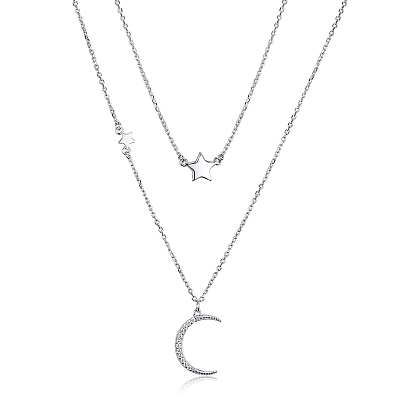 Sterling Silver Micro Pave Clear Cubic Zirconia Star Moon Pendant Double Layer Necklaces for Women