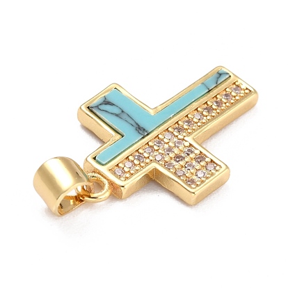 Real 18K Gold Plated Brass Micro Pave Clear Cubic Zirconia Pendants, with Gemstone, Cross