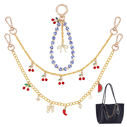 3Pcs Alloy Enamel Bag Decorative Chains, with Rhinestone & Brass Micro Pave Cubic Zirconia Charm & Iron Cable Chains & Porcelain Bead Keychains, Bag Replacement Accessories, Mixed Shapes
