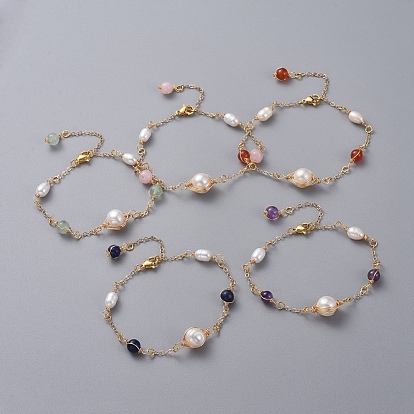 Natural Gemstone Link Bracelets, with Natural Pearl Beads, Golden Plated Brass Cable Chains and 304 Stainless Steel Lobster Claw Clasps