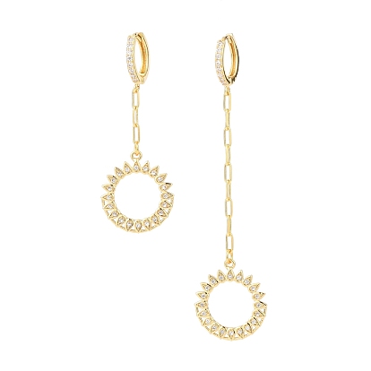 Brass Micro Pave Clear Cubic Zirconia Asymmetrical Earrings, Huggie Hoop Earring, with Paperclip Chains, Ring