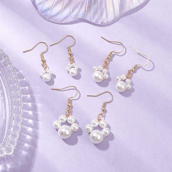 Round Shell Pearl Beads Dangle Earrings, with 304 Stainless Steel Earring Hooks and Brass Wire Earrings