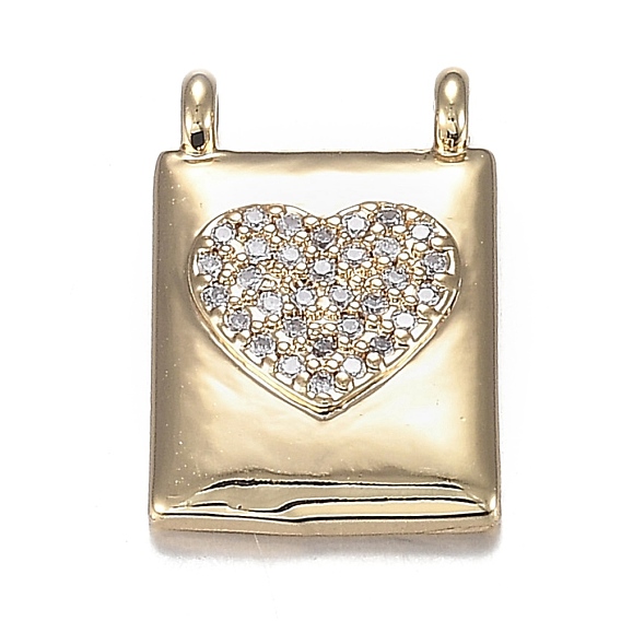 Brass Micro Clear Cubic Zirconia Pendants, Long-Lasting Plated, Rectangle with Heart