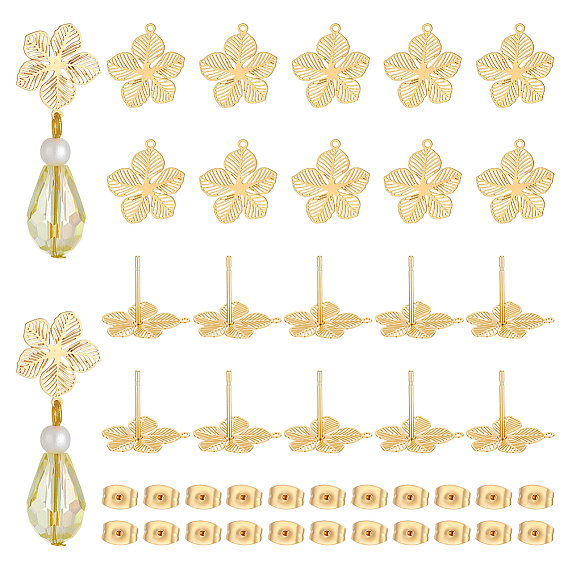 20Pcs Brass Stud Earring Findings, with 20Pcs 304 Stainless Steel Ear Nuts, Flower